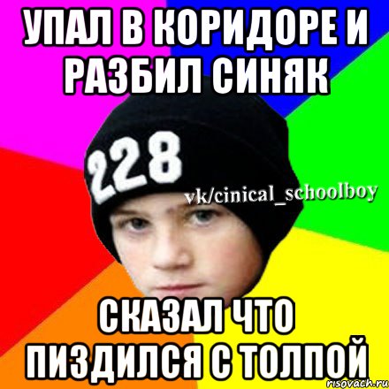 УПАЛ В КОРИДОРЕ И РАЗБИЛ СИНЯК СКАЗАЛ ЧТО ПИЗДИЛСЯ С ТОЛПОЙ, Мем  Циничный школьник 1