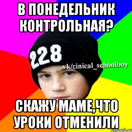 В понедельник контрольная? Скажу маме,что уроки отменили, Мем  Циничный школьник 1