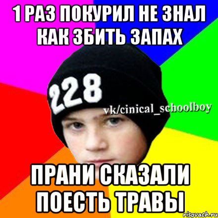 1 раз покурил не знал как збить запах Прани сказали поесть травы, Мем  Циничный школьник 1