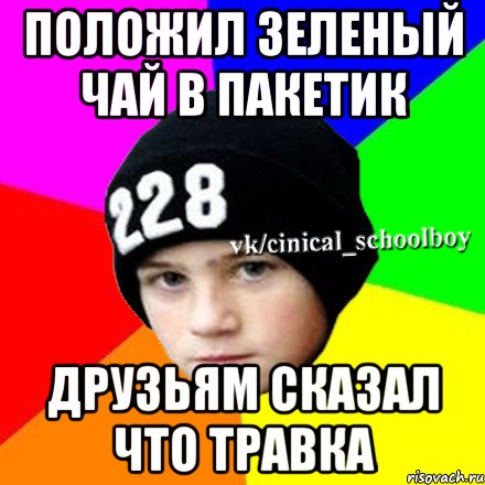 положил зеленый чай в пакетик друзьям сказал что травка, Мем  Циничный школьник 1