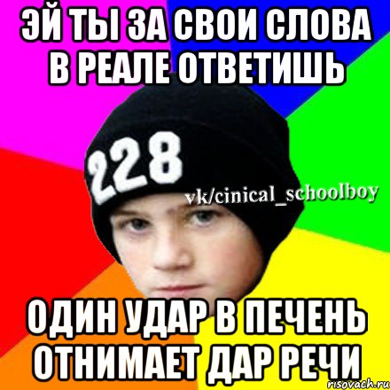 ЭЙ ТЫ ЗА СВОИ СЛОВА В РЕАЛЕ ОТВЕТИШЬ ОДИН УДАР В ПЕЧЕНЬ ОТНИМАЕТ ДАР РЕЧИ, Мем  Циничный школьник 1