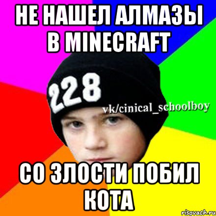 Не нашел алмазы в Minecraft Со злости побил кота, Мем  Циничный школьник 1