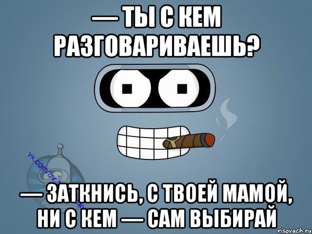 — Ты с кем разговариваешь? — Заткнись, с твоей мамой, ни с кем — сам выбирай, Мем  Цитаты Бендера