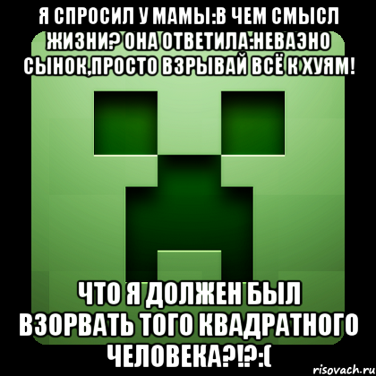 Я спросил у мамы:в чем смысл жизни? Она ответила:Неваэно сынок,просто взрывай всё к хуям! Что я должен был взорвать того квадратного человека?!?:(, Мем Creeper