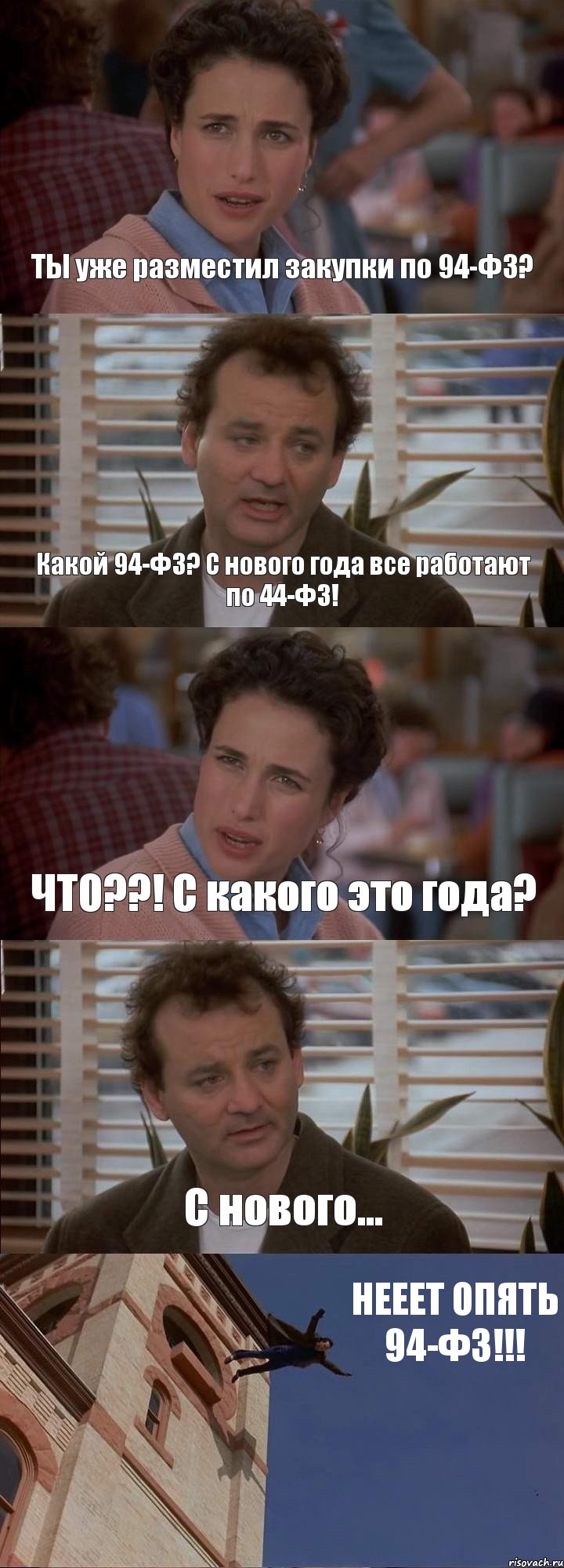 ТЫ уже разместил закупки по 94-ФЗ? Какой 94-ФЗ? С нового года все работают по 44-ФЗ! ЧТО??! С какого это года? С нового... НЕЕЕТ ОПЯТЬ 94-ФЗ!!!, Комикс День сурка