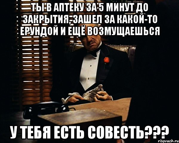 Ты в аптеку за 5 минут до закрытия, зашел за какой-то ерундой и ещё возмущаешься у тебя есть совесть???, Мем Дон Вито Корлеоне