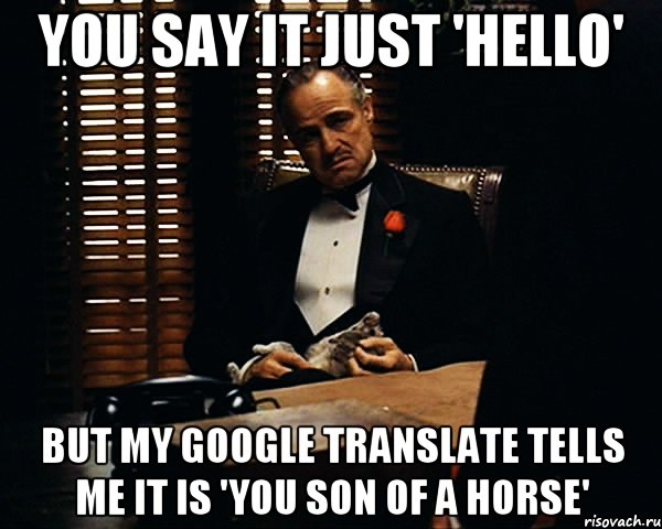 You say it just 'Hello' But my google translate tells me it is 'you son of a horse', Мем Дон Вито Корлеоне