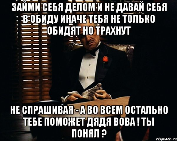 займи себя делом и не давай себя в обиду иначе тебя не только обидят но трахнут не спрашивая - а во всем остально тебе поможет дядя Вова ! ты понял ?, Мем Дон Вито Корлеоне