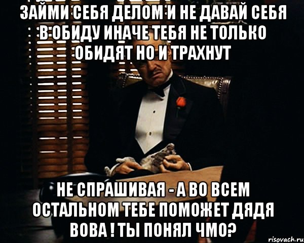 займи себя делом и не давай себя в обиду иначе тебя не только обидят но и трахнут не спрашивая - а во всем остальном тебе поможет дядя Вова ! ты понял ЧМО?, Мем Дон Вито Корлеоне