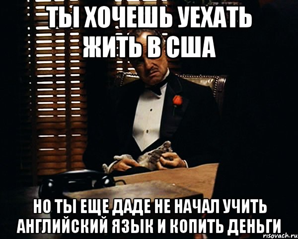 Ты хочешь уехать жить в США Но ты еще даде не начал учить английский язык и копить деньги, Мем Дон Вито Корлеоне