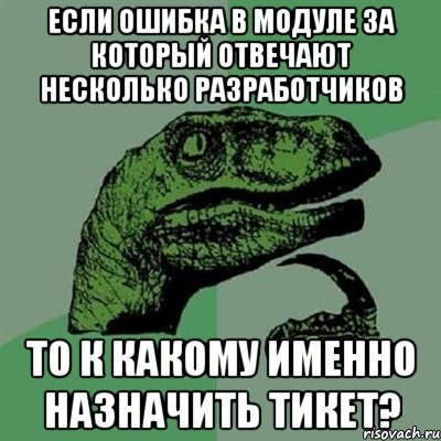 Если ошибка в модуле за который отвечают несколько разработчиков то к какому именно назначить тикет?, Мем Филосораптор