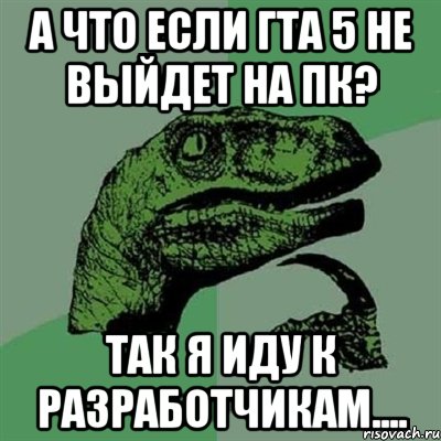 А что если гта 5 не выйдет на ПК? Так я иду к разработчикам...., Мем Филосораптор