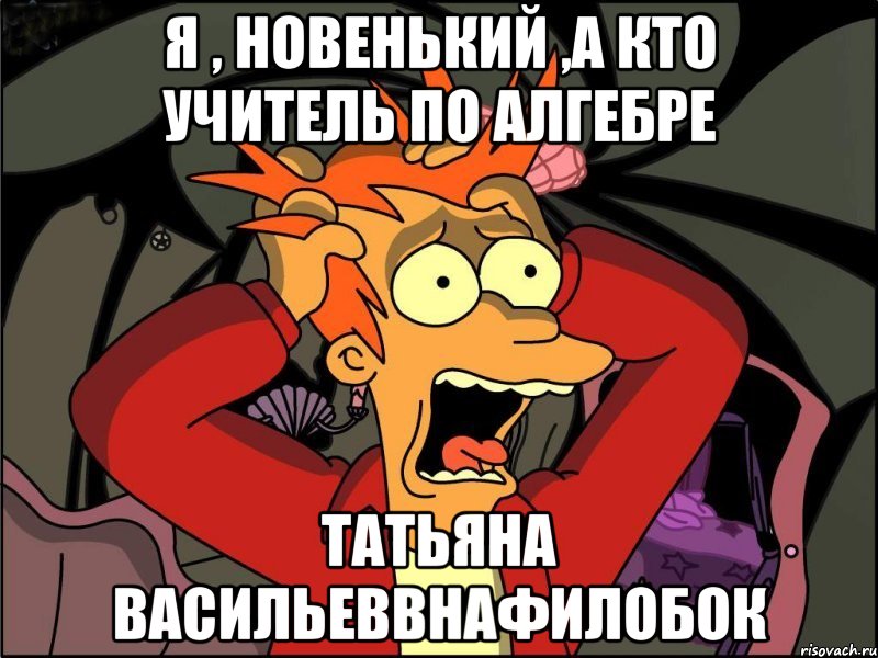 Я , НОВЕНЬКИЙ ,А КТО УЧИТЕЛЬ ПО АЛГЕБРЕ ТАТЬЯНА ВАСИЛЬЕВВНАФИЛОБОК, Мем Фрай в панике