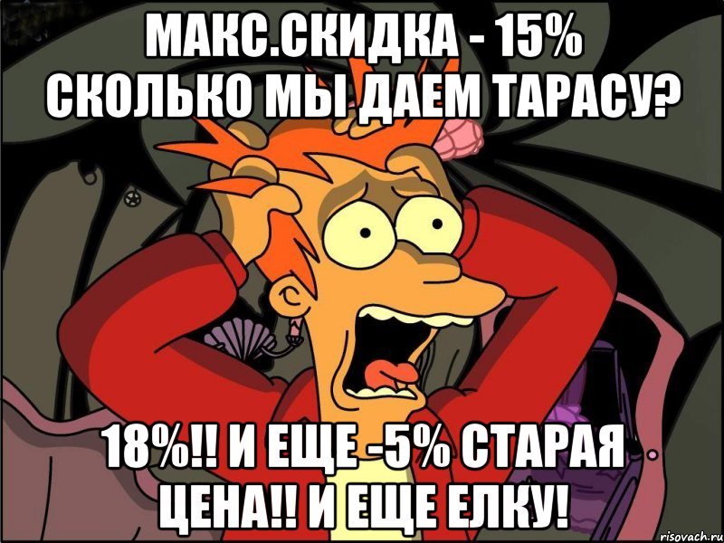 Макс.скидка - 15% Сколько мы даем Тарасу? 18%!! И еще -5% старая цена!! И еще елку!, Мем Фрай в панике