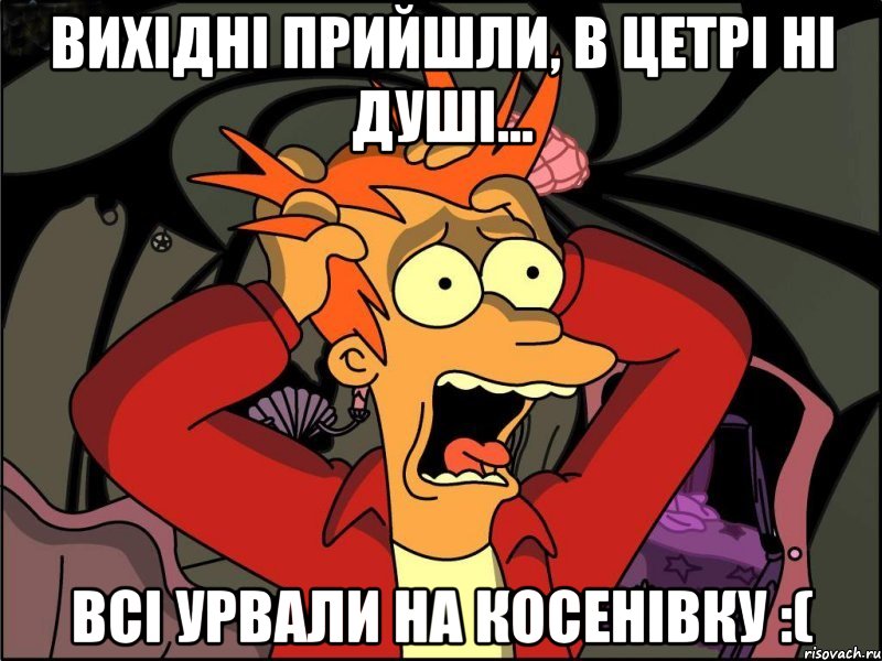 вихідні прийшли, в цетрі ні душі... всі урвали на Косенівку :(, Мем Фрай в панике