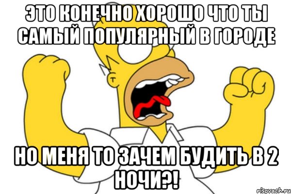 ЭТО КОНЕЧНО ХОРОШО ЧТО ТЫ САМЫЙ ПОПУЛЯРНЫЙ В ГОРОДЕ НО МЕНЯ ТО ЗАЧЕМ БУДИТЬ В 2 НОЧИ?!, Мем Разъяренный Гомер