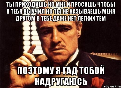 Ты приходишь ко мне и просишь чтобы я тебя выучил но ты не называешь меня другом в тебе даже нет легких тем Поэтому я гад тобой надругаюсь, Мем крестный отец