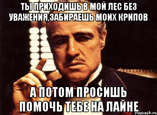 ты приходишь в мой лес без уважения,забираешь моих крипов а потом просишь помочь тебе на лайне, Мем крестный отец