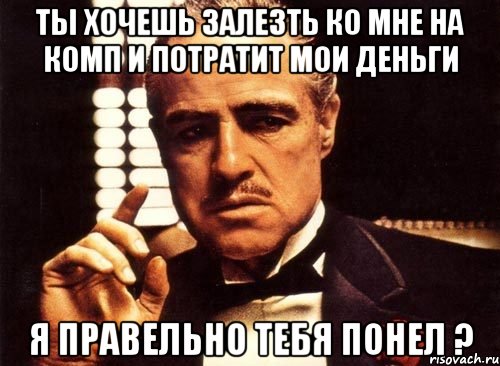 ты хочешь залезть ко мне на комп и потратит мои деньги я правельно тебя понел ?, Мем крестный отец