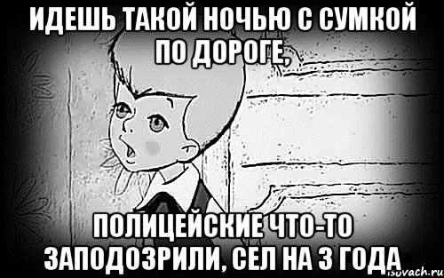 идешь такой ночью с сумкой по дороге, полицейские что-то заподозрили, сел на 3 года, Мем Малыш