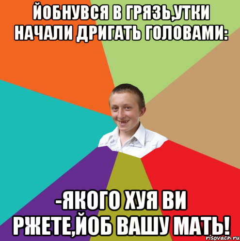 Йобнувся в грязь,утки начали дригать головами: -Якого хуя ви ржете,йоб вашу мать!, Мем  малый паца