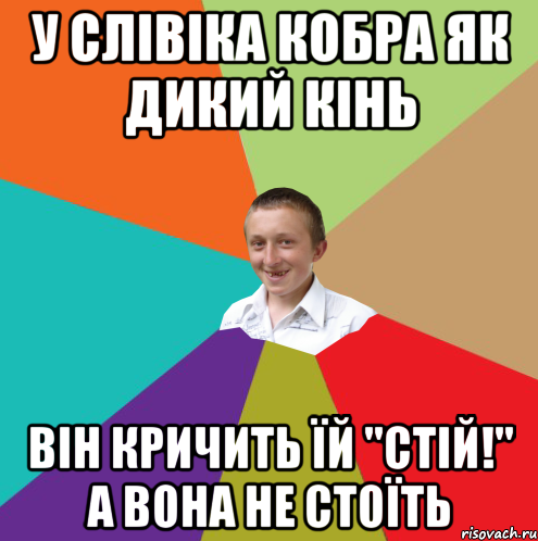 У Слівіка кобра як дикий кінь Він кричить їй "стій!" а вона не стоїть, Мем  малый паца