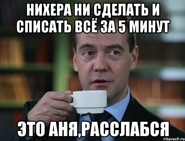 Нихера ни сделать и списать всё за 5 минут Это Аня,расслабся, Мем Медведев спок бро