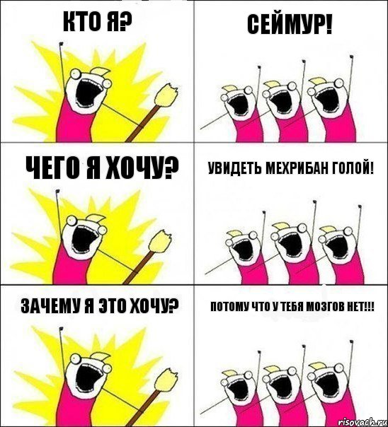 Кто я? Сеймур! Чего я хочу? Увидеть Мехрибан голой! Зачему я это хочу? Потому что у тебя мозгов нет!!!, Комикс кто мы