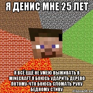 я денис мне 25 лет я всё ещё не умею выживать в minecraft я боюсь ударить дерево потому-что боюсь сломать руку бедному стиву, Мем Миникрафтер