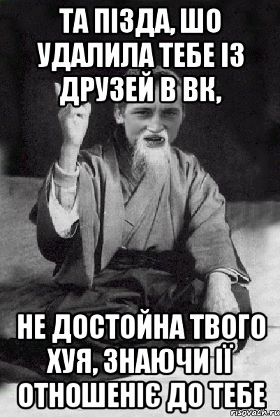 та пізда, шо удалила тебе із друзей в вк, не достойна твого хуя, знаючи ії отношеніє до тебе, Мем Мудрий паца