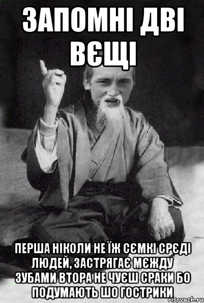 Запомні дві вєщі перша ніколи не їж сємкі срєді людей, застрягає мєжду зубами втора не чуєш сраки бо подумають шо гострики, Мем Мудрий паца