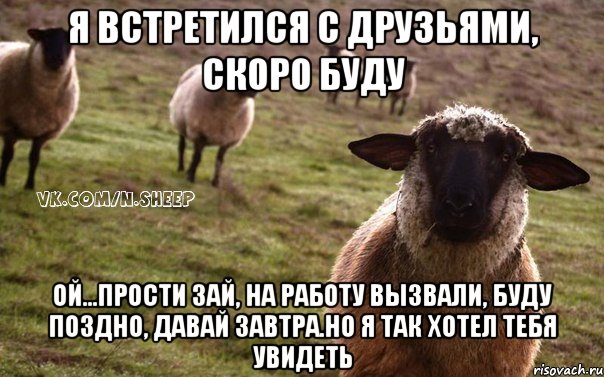 Я встретился с друзьями, скоро буду ой...прости зай, на работу вызвали, буду поздно, давай завтра.Но я так хотел тебя увидеть, Мем  Наивная Овца