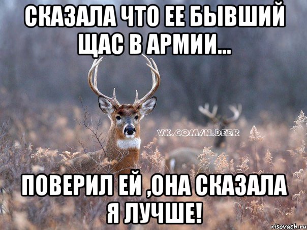 Сказала что ее бывший щас в армии... Поверил ей ,она сказала я лучше!, Мем   Наивный олень