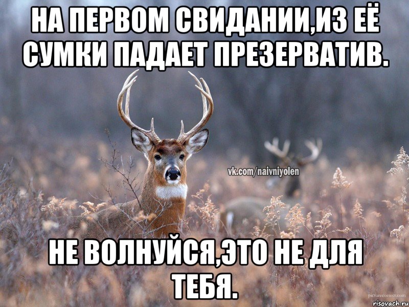 На первом свидании,из её сумки падает презерватив. Не волнуйся,это не для тебя., Мем   Наивный олень