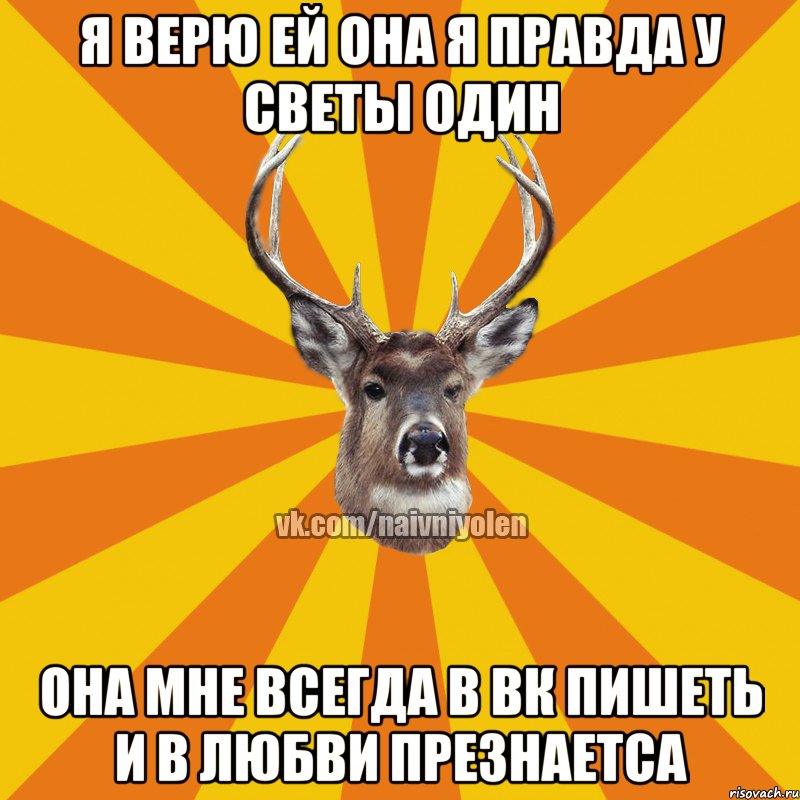 Я верю ей она я правда у Светы Один Она мне Всегда в вк пишеть и в любви презнаетса, Мем Наивный Олень вк