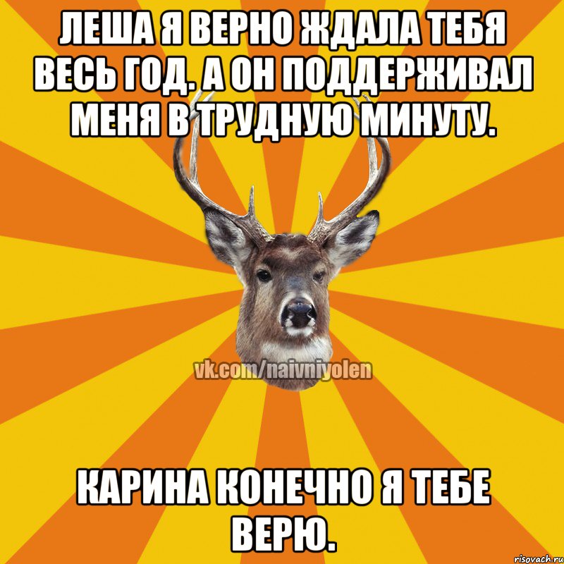 Леша я верно ждала тебя весь год. А он поддерживал меня в трудную минуту. Карина конечно я тебе верю., Мем Наивный Олень вк