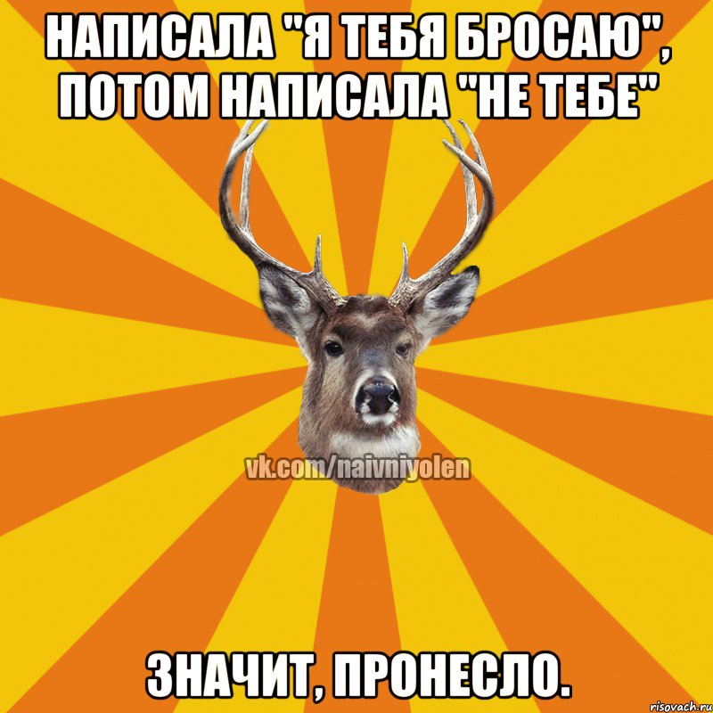 Написала "Я тебя бросаю", потом написала "Не тебе" Значит, пронесло., Мем Наивный Олень вк