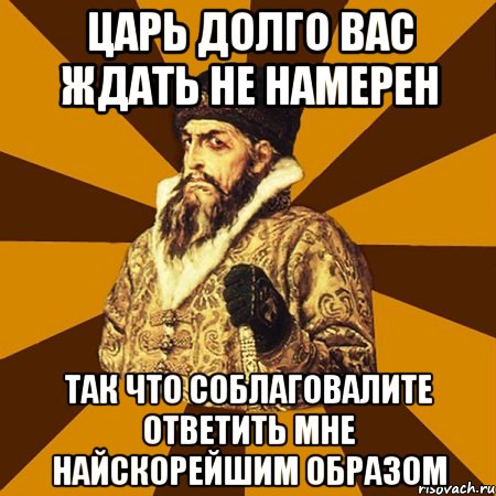 Царь долго вас ждать не намерен Так что соблаговалите ответить мне найскорейшим образом, Мем Не царское это дело