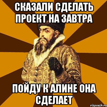 сказали сделать проект на завтра пойду к алине она сделает, Мем Не царское это дело