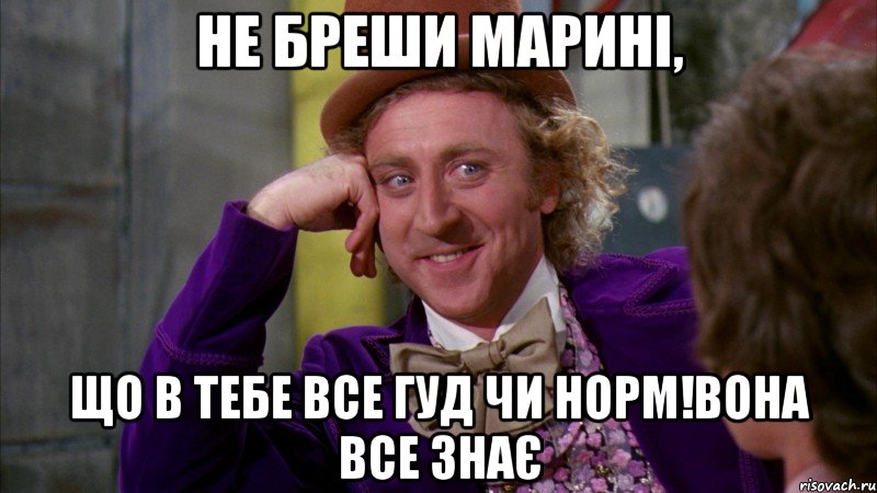 Не бреши Марині, що в тебе все гуд чи норм!Вона все знає, Мем Ну давай расскажи (Вилли Вонка)