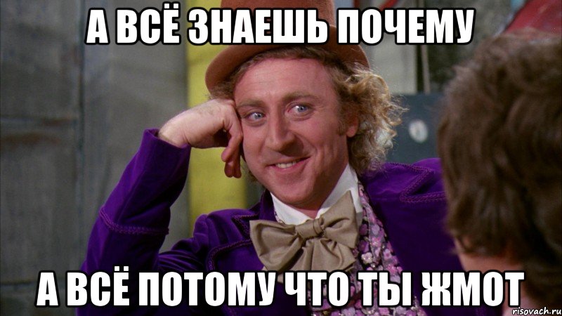 А всё знаешь почему а всё потому что ты жмот, Мем Ну давай расскажи (Вилли Вонка)