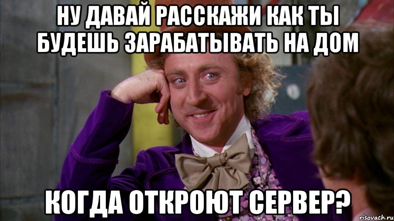 Ну давай расскажи как ты будешь зарабатывать на дом когда откроют сервер?, Мем Ну давай расскажи (Вилли Вонка)