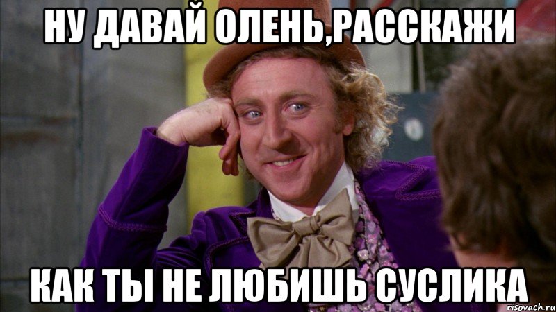 Ну давай Олень,расскажи как ты не любишь Суслика, Мем Ну давай расскажи (Вилли Вонка)