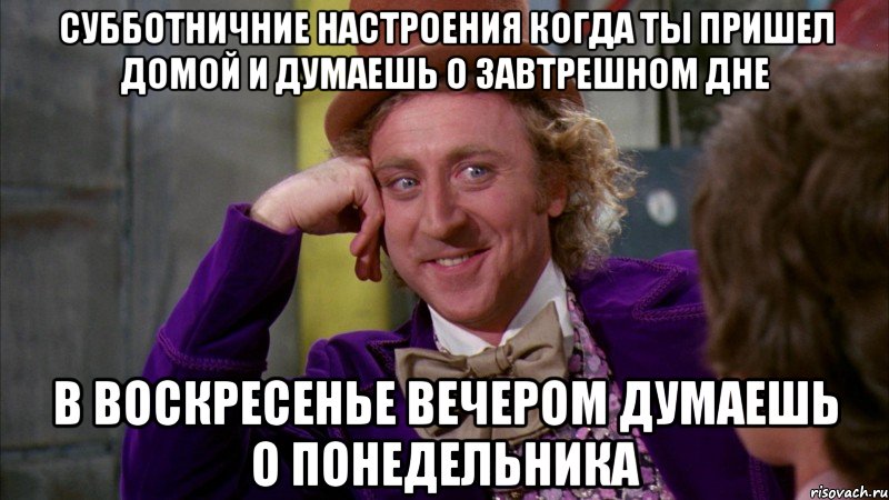 Субботничние настроения когда ты пришел домой и думаешь о завтрешном дне В воскресенье вечером думаешь о понедельника, Мем Ну давай расскажи (Вилли Вонка)