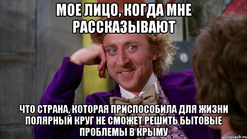 мое лицо, когда мне рассказывают что страна, которая приспособила для жизни полярный круг не сможет решить бытовые проблемы в Крыму, Мем Ну давай расскажи (Вилли Вонка)