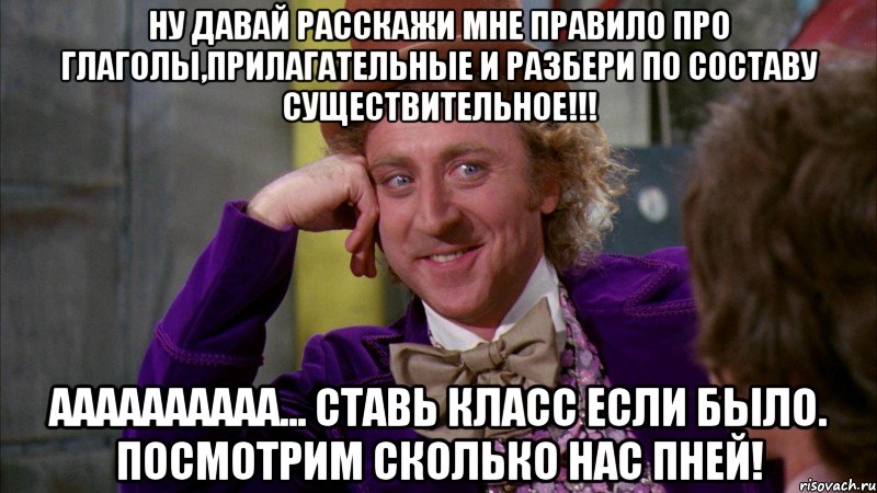 Ну давай расскажи мне правило про глаголы,прилагательные и разбери по составу существительное!!! Аааааааааа... Ставь класс если было. Посмотрим сколько нас пней!, Мем Ну давай расскажи (Вилли Вонка)