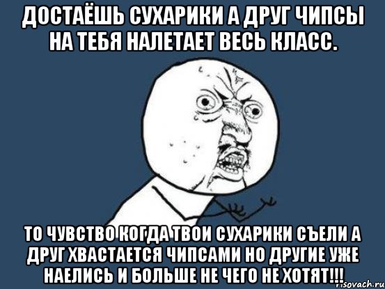 Достаёшь сухарики а друг чипсы на тебя налетает весь класс. то чувство когда твои сухарики съели а друг хвастается чипсами но другие уже наелись и больше не чего не хотят!!!, Мем Ну почему