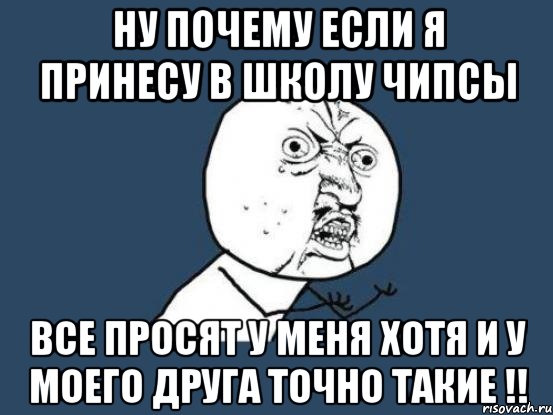 Ну почему если я принесу в школу чипсы все просят у меня хотя и у моего друга точно такие !!, Мем Ну почему