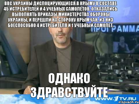 ВВС Украины дислоцирующиеся в Крыму в составе 45 истребителей и 4 учебных самолетов. Отказались выполнять приказы Министерства обороны Украины, и перешли на сторону крымчан. Из низ боеспособно 4 истребителя и 1 учебный самолет. Однако здравствуйте