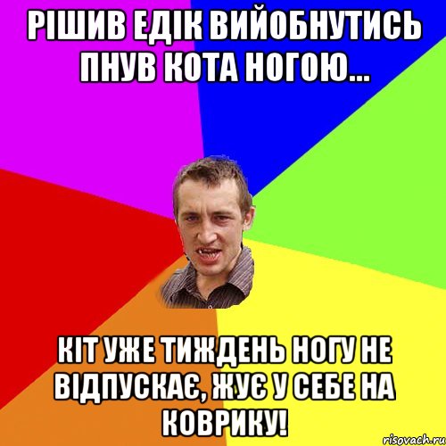 рішив едік вийобнутись пнув кота ногою... кіт уже тиждень ногу не відпускає, жує у себе на коврику!, Мем Чоткий паца